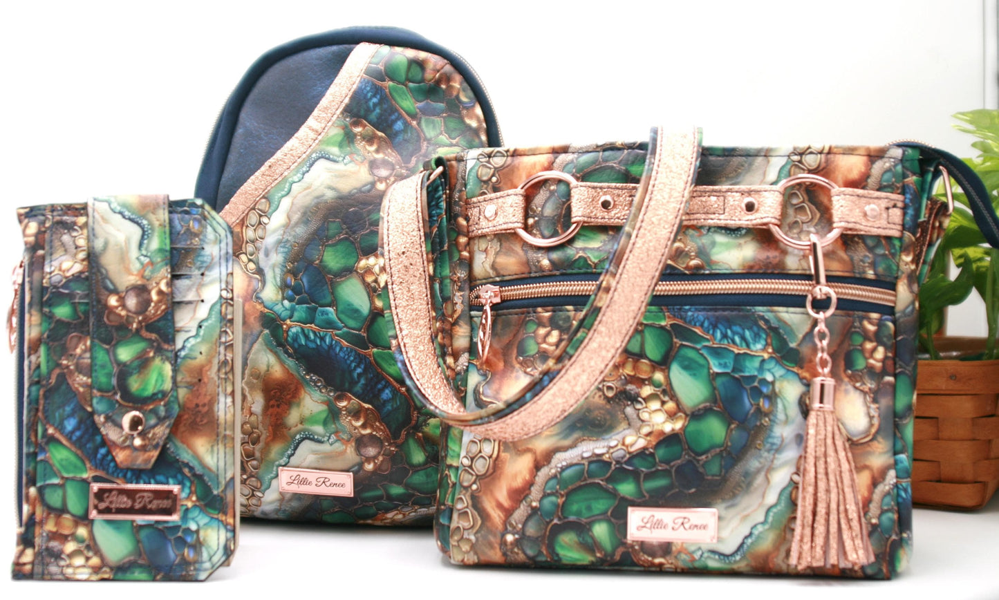 Exotic Elegance Rosie Sling – Green, Blue & Copper Exotic Skin with Navy & Metallic Copper Accents
