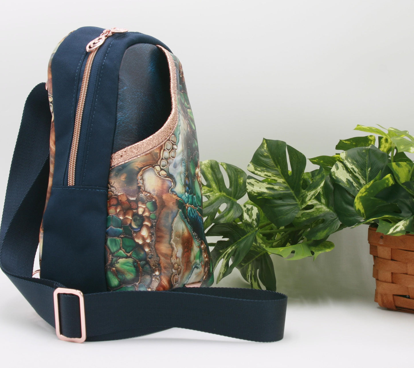 Exotic Elegance Rosie Sling – Green, Blue & Copper Exotic Skin with Navy & Metallic Copper Accents