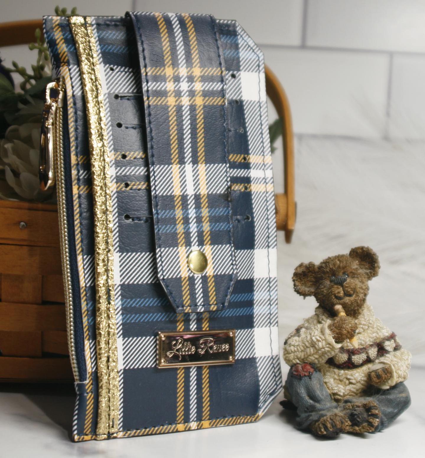 blue tartan plaid slim wallet