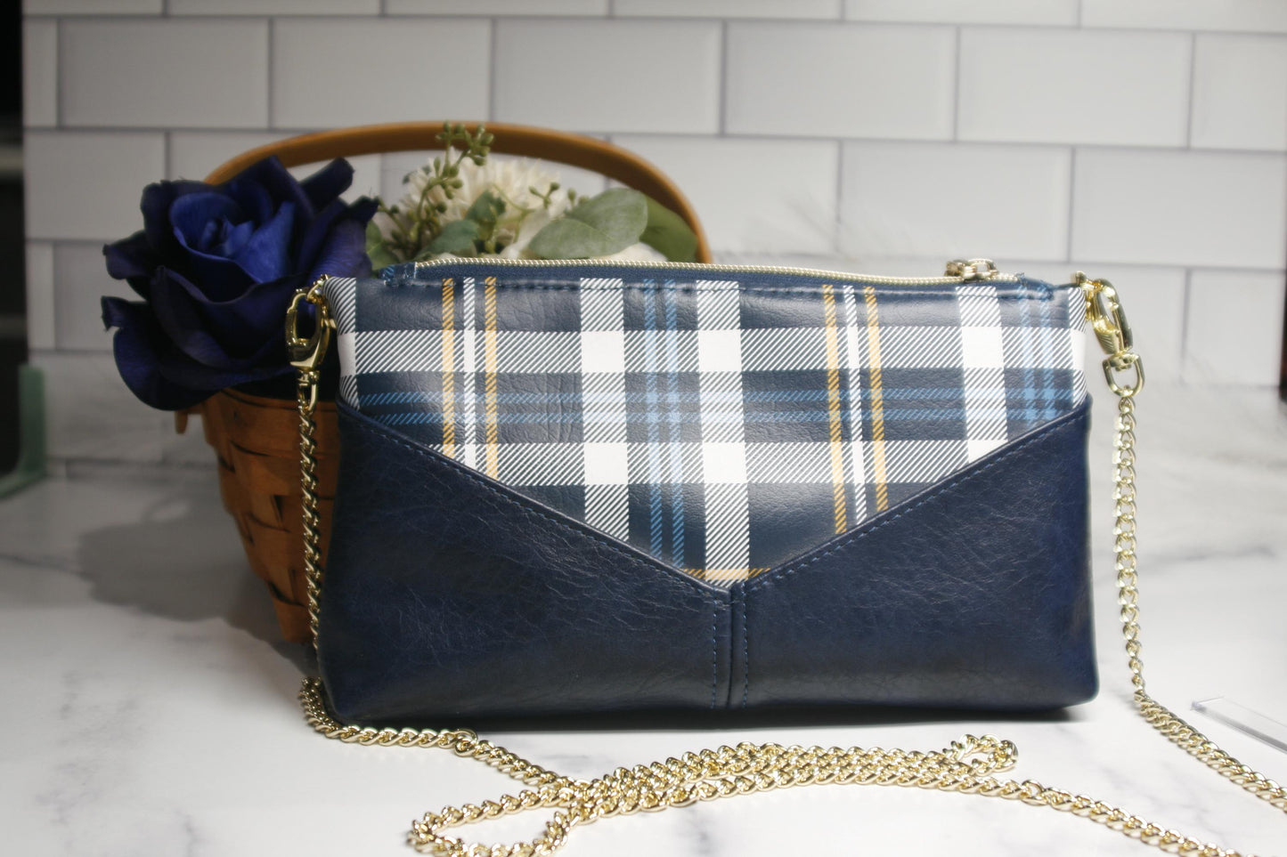 blue and yellow tartan plaid bag with gold chain