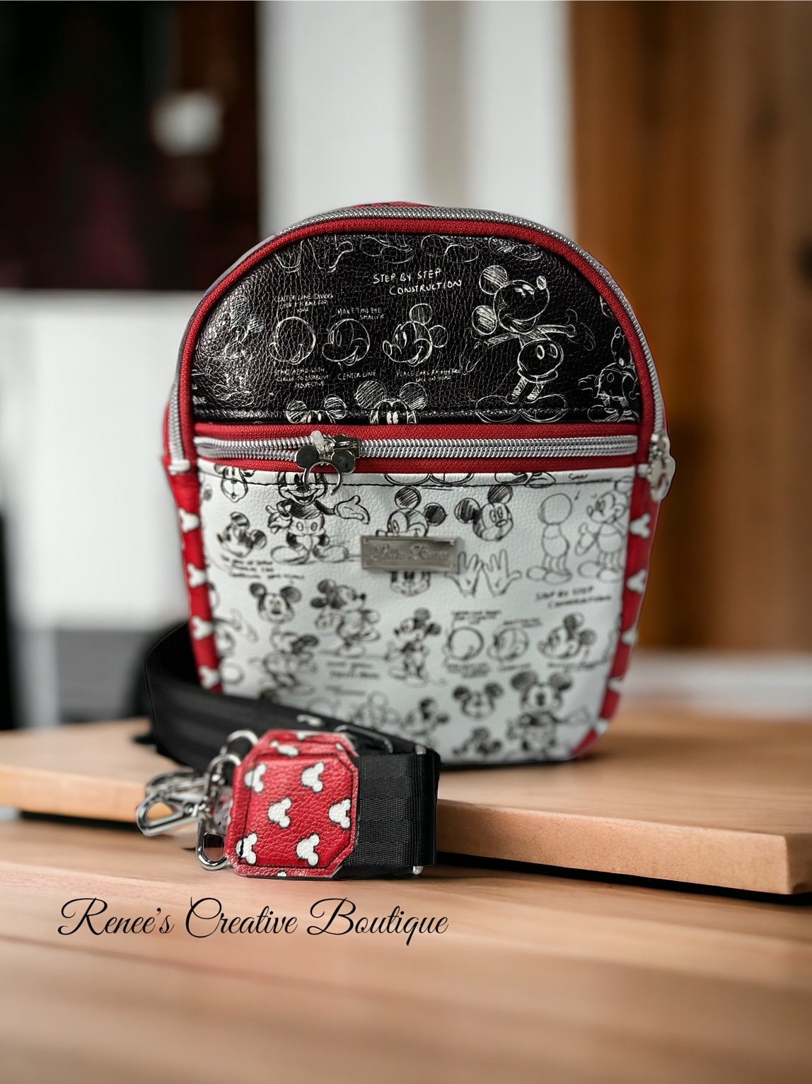 Red, black and white Classic Mouse Backpack with front zipper pocket