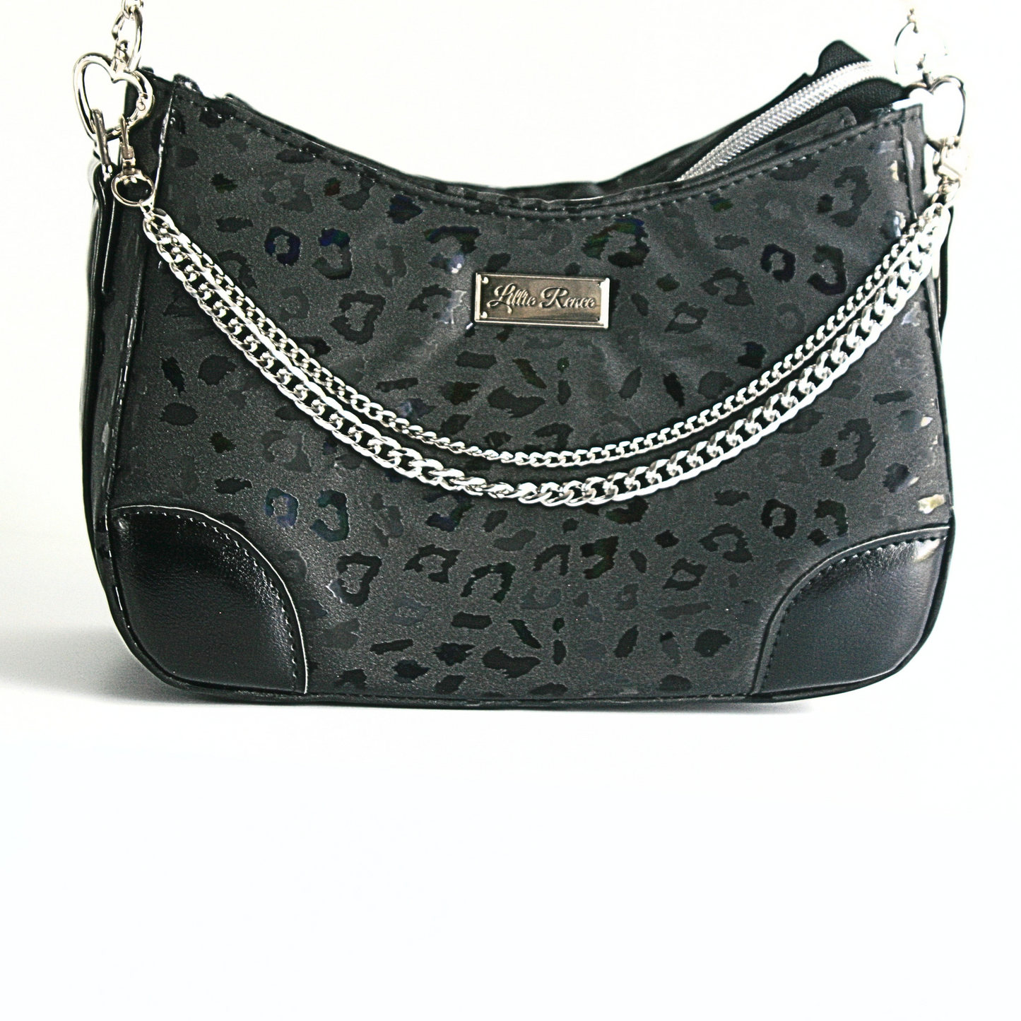 Black leopard purse with decorative silver chain