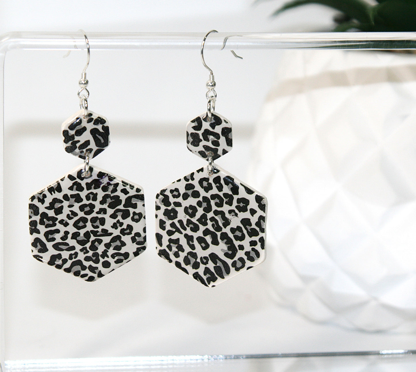 Leopard Hexagon Polymer Clay Earrings – Black, Gray & White with Silver-Plated Stainless Steel Ear Wires