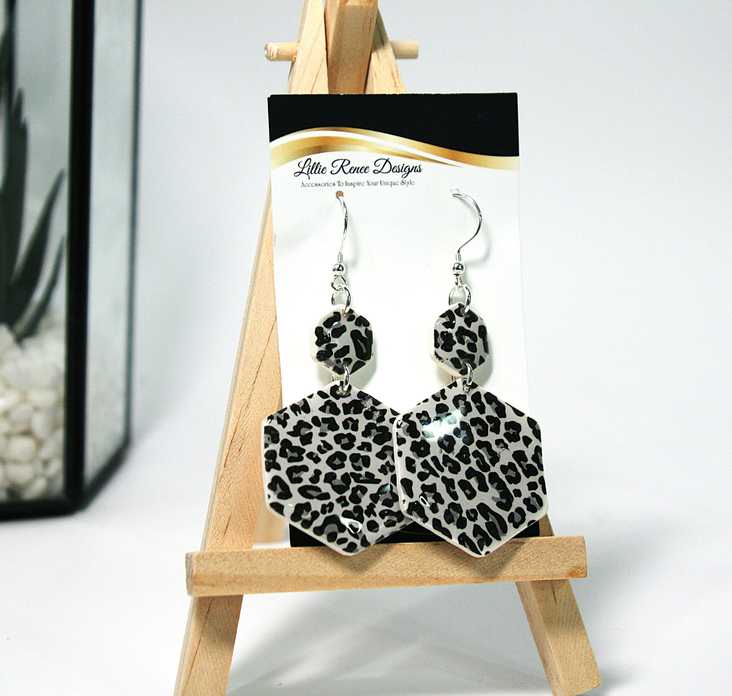Leopard Hexagon Polymer Clay Earrings – Black, Gray & White with Silver-Plated Stainless Steel Ear Wires