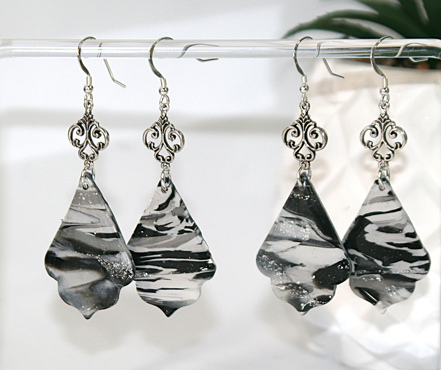 Curved Teardrop Dangle Earrings – Black, White & Gray Polymer Clay with Sterling Silver Wires