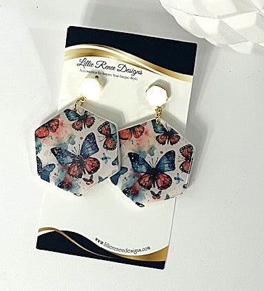 Watercolor Monarch and Blue Butterfly Earrings – Hexagon Polymer Clay Design