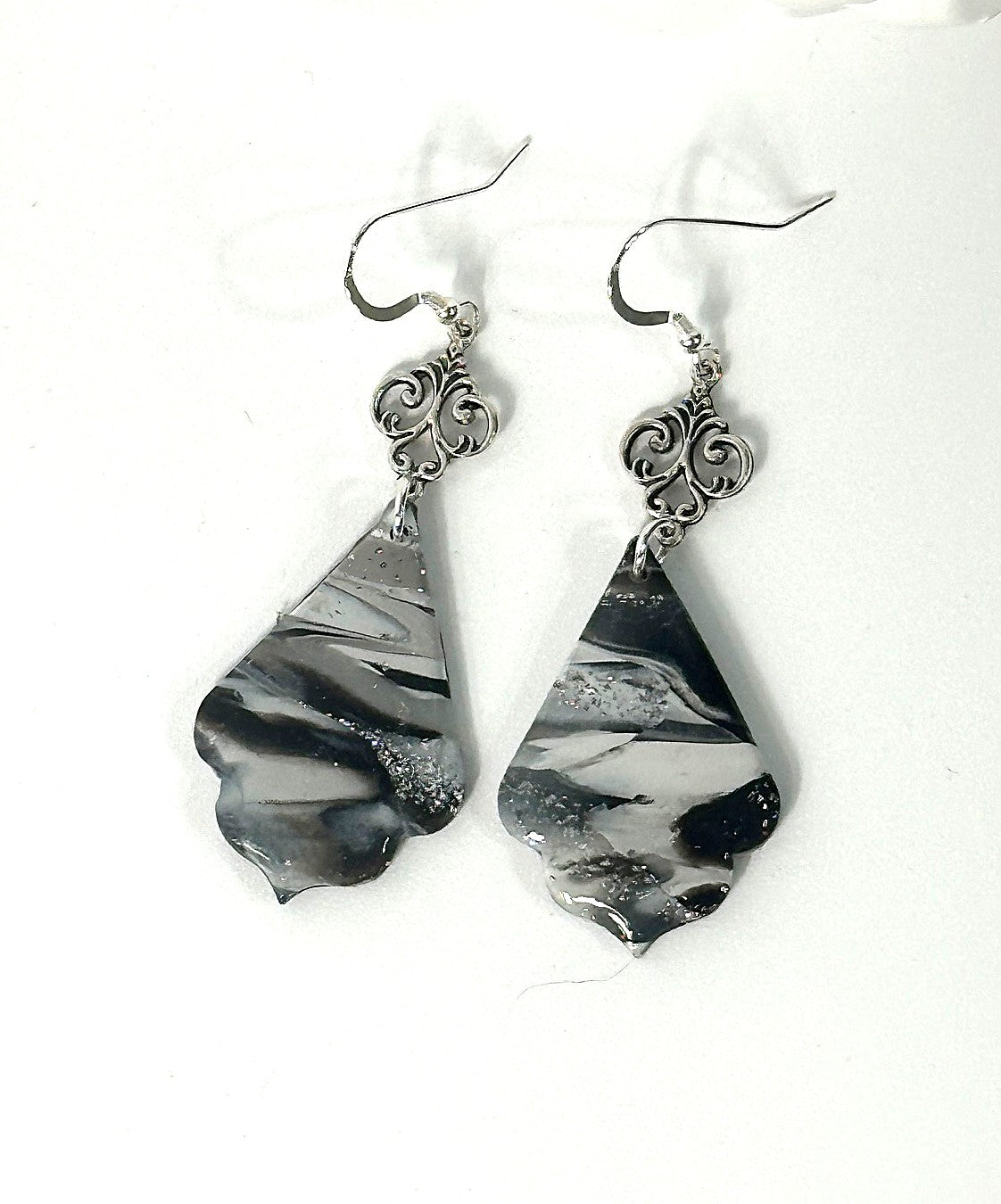 Curved Teardrop Dangle Earrings – Black, White & Gray Polymer Clay with Sterling Silver Wires