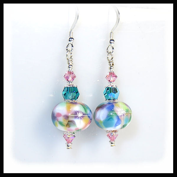 Pastel mixture of purple, pink and blue lampwork glass earrings with turquoise and rose swarovski crystals