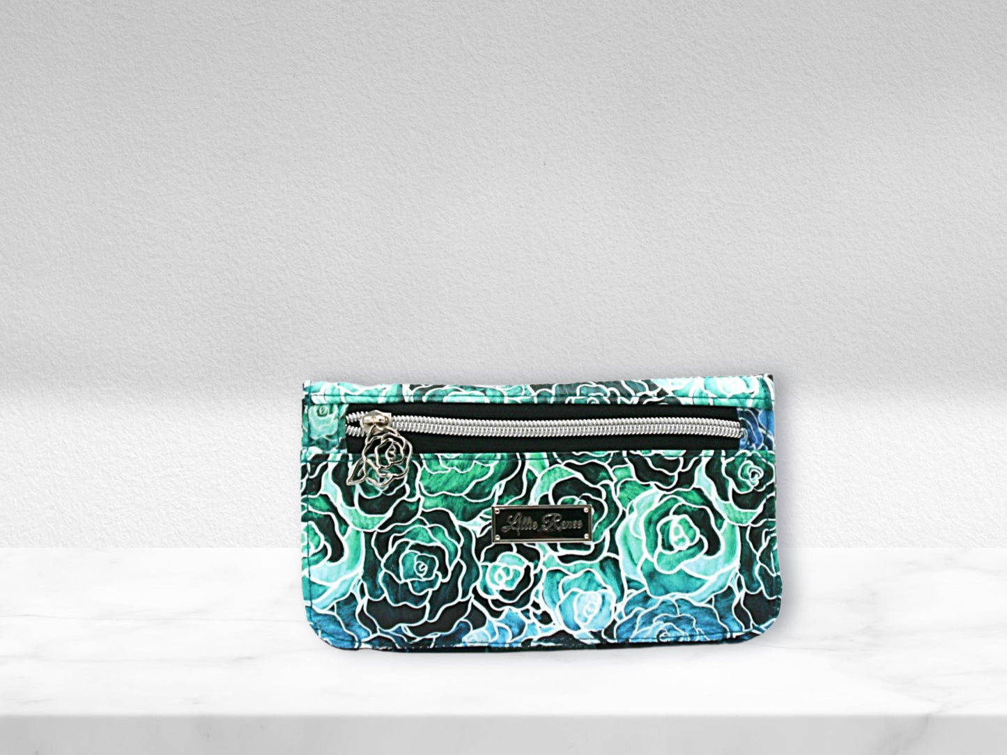 back of seaglass roses wallet with zipper coin pocket