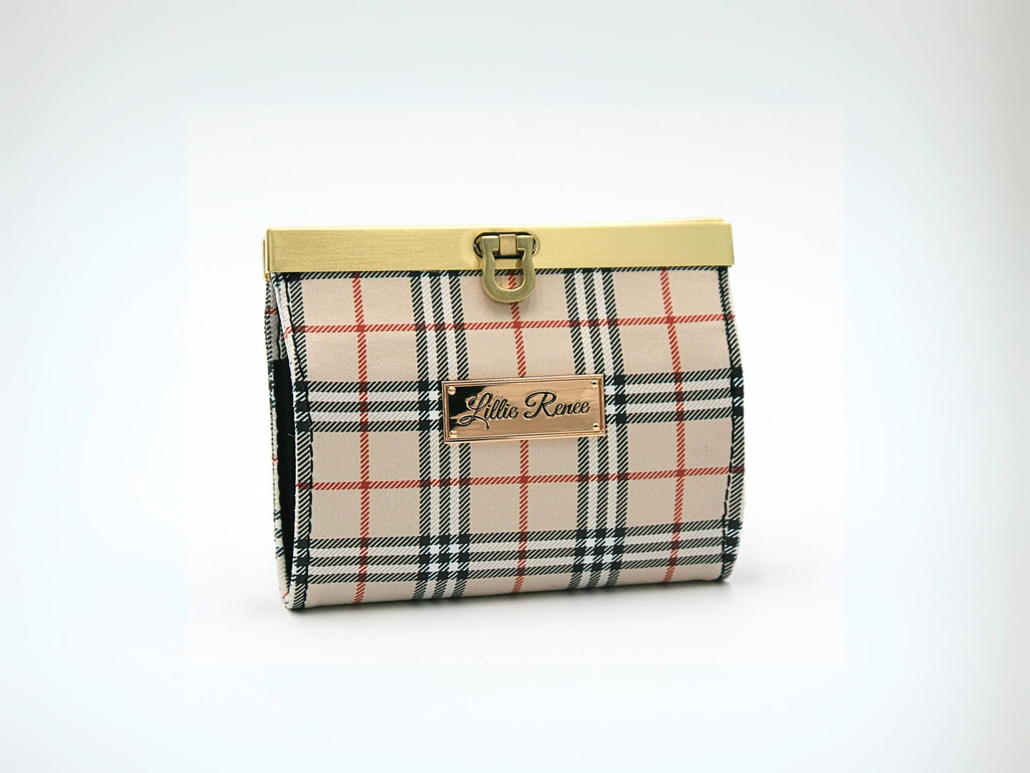 This compact tan tartan plaid accordion wallet holds 10+ credit cards, business cards and cash, keeping your essentials organized