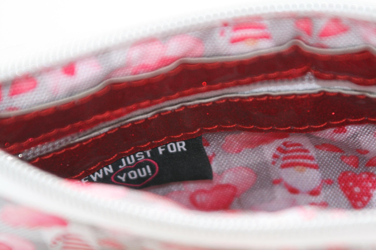 Valentines Day purse, Gnomes bag, pink and red wristlet, gift for her, purse with chain, evening bag, crossbody, Harlequin pouch