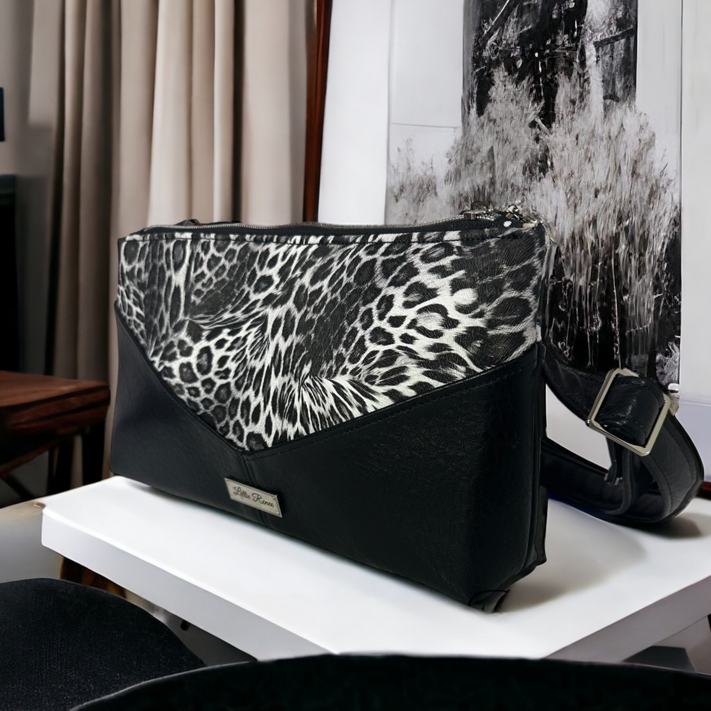 Fashionable Leopard Print Crossbody Bag – Handmade with a Water-Resistant Interior, Zippered Compartments, and Heart Zipper Pulls for a Touch of Elegance.