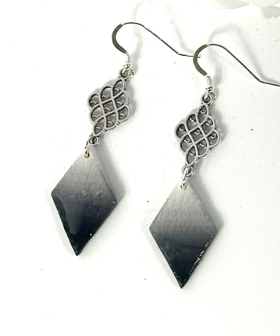 Frosted Obsidian Diamond Ombré Earrings – White to Black Polymer Clay Dangles with Sterling Silver & Connectors
