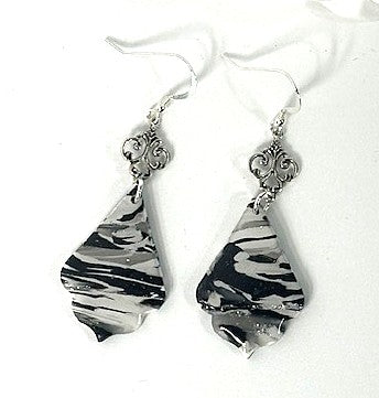 Curved Teardrop Dangle Earrings – Black, White & Gray Polymer Clay with Sterling Silver Wires