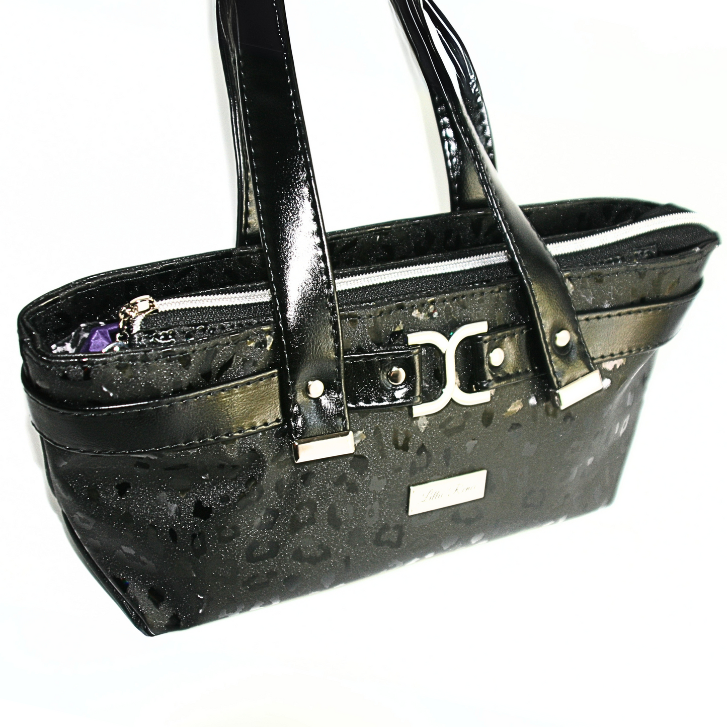 “Handmade black leopard vinyl shoulder bag with east-west silhouette, zippered and slip pockets, and chic silver hardware.”