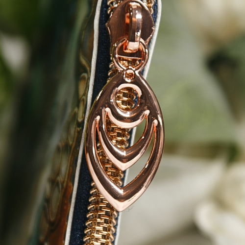 luxe exotic skin slim wallet with stunning rose gold zipper pull on coin pocket