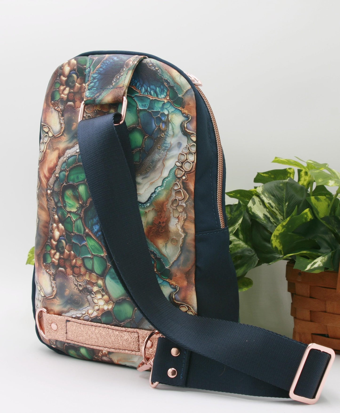 Exotic Elegance Rosie Sling – Green, Blue & Copper Exotic Skin with Navy & Metallic Copper Accents