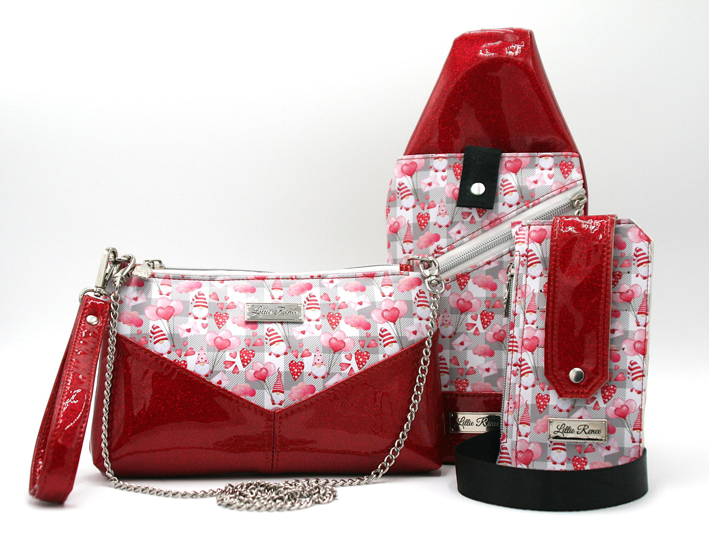 Valentine Gnome Mini Traveler Sling – Red & Pink Gnomes with Hearts & Glitter Vinyl