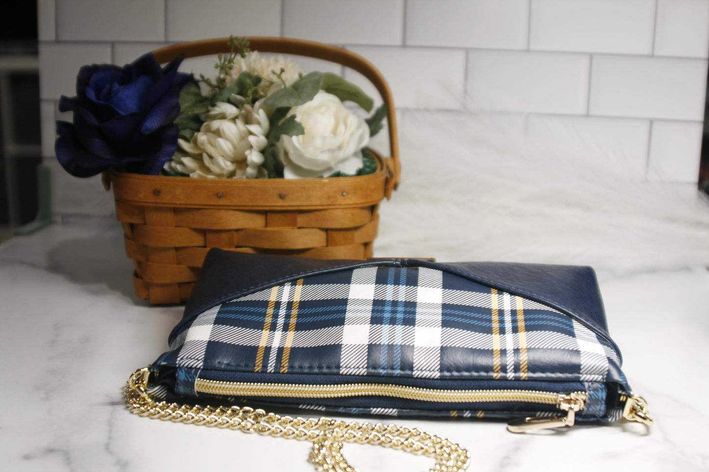 top of blue tartan plaid bag with gold chain