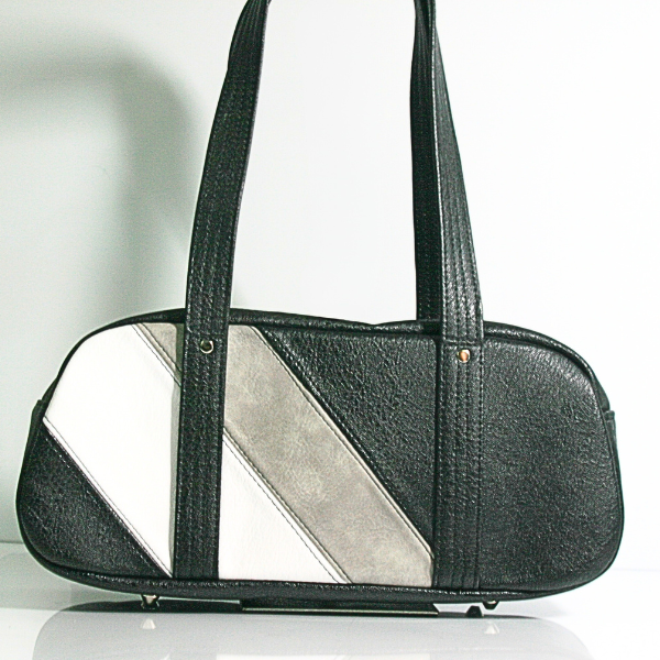 Women’s large East West style tote bag in white, gray and black faux leather – handmade boutique accessory