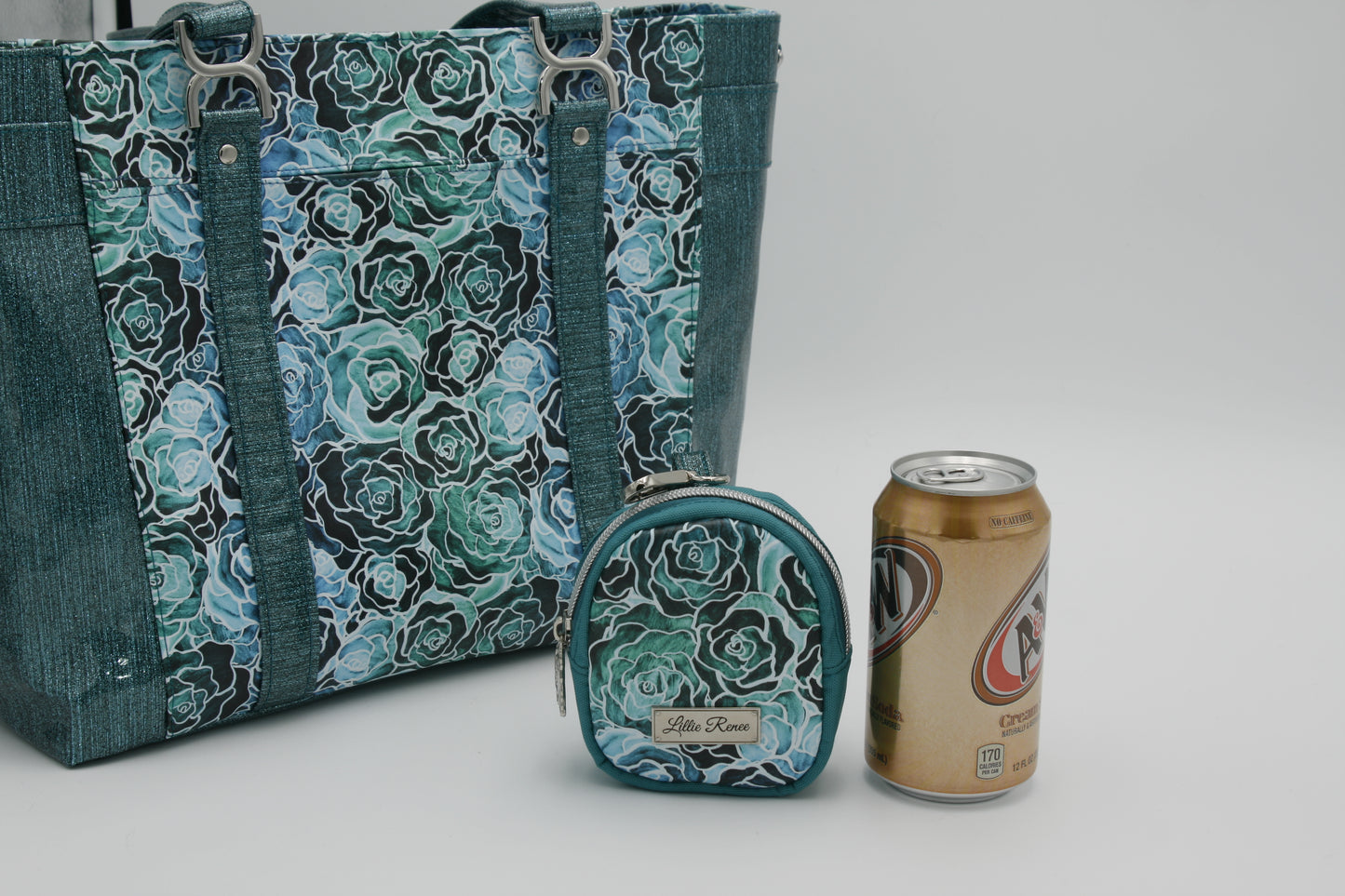 Green and Blue Seaglass Roses. THE CLIP ON bag IN COMPARISON TO A TOTE BAG AND CAN OF POP