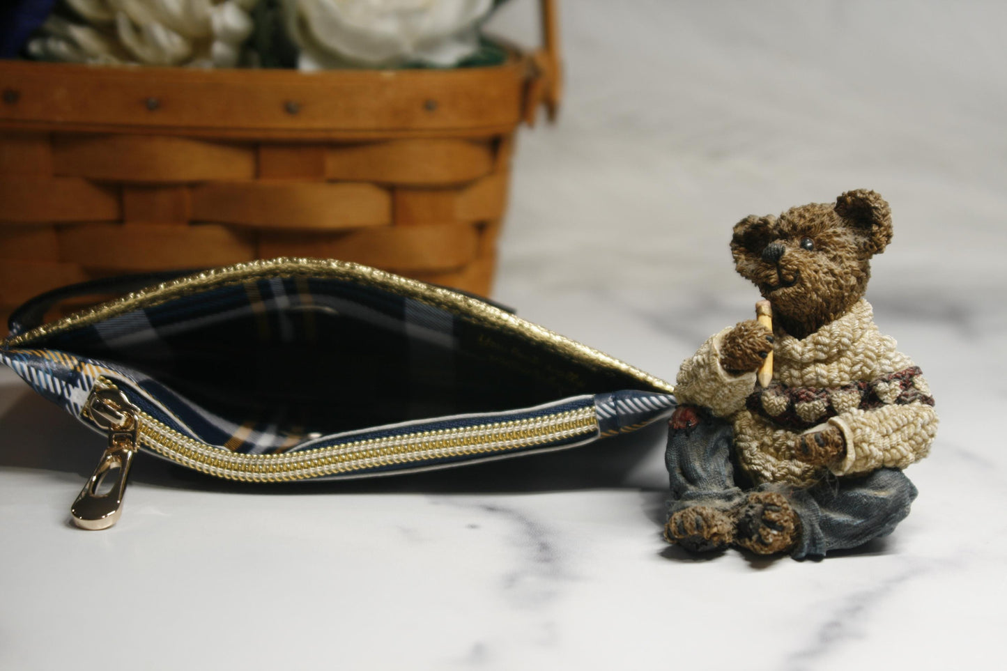 Tartan plaid Purse Pal slim wallet in blue and gold, crafted with six card slots, a secure snapped strap closure, a zippered coin pocket, and a cash slip pocket. Gold hardware adds a touch of sophistication, making this wallet a great fashion accessory for work, travel, and everyday essentials.