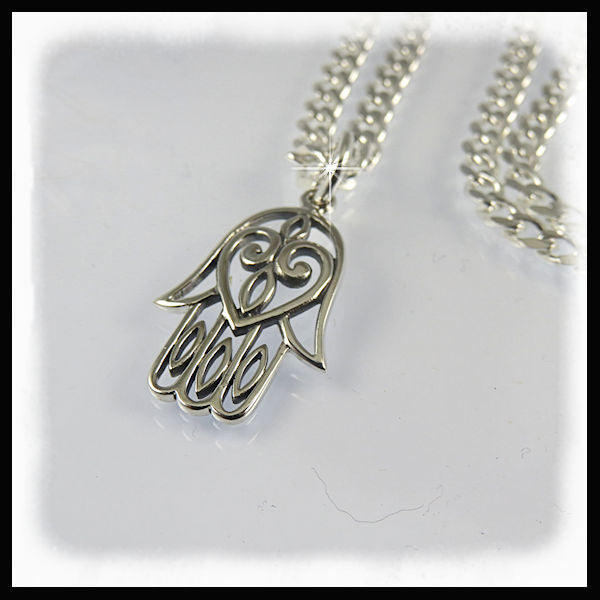 sterling silver hand of hamsa charm on 21" diamond cut curb chain necklace