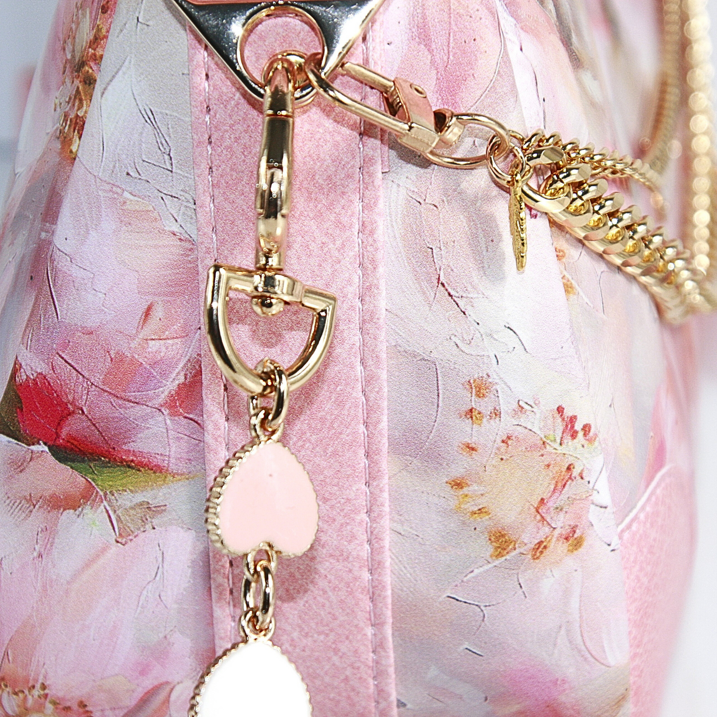 Passionate Pink Annabelle Shoulder Bag – pink floral handbag with gold chain accent and pink heart extenders