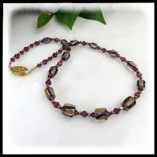 Purple & Gold David Christensen Glass Bead Necklace – 18" with Amethyst Swarovski Crystals & Gold-Filled Clasp