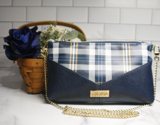 Timeless Tartan Plaid Crossbody – Blue & Yellow Plaid Slim Wallet with Gold Chain Strap & Zipper Closure