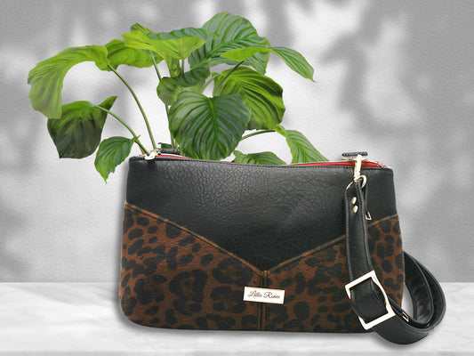 Luxe Leopard Harlequin Crossbody – Brown Faux Fur & Black Faux Leather with Gold Accentsquin pouch.