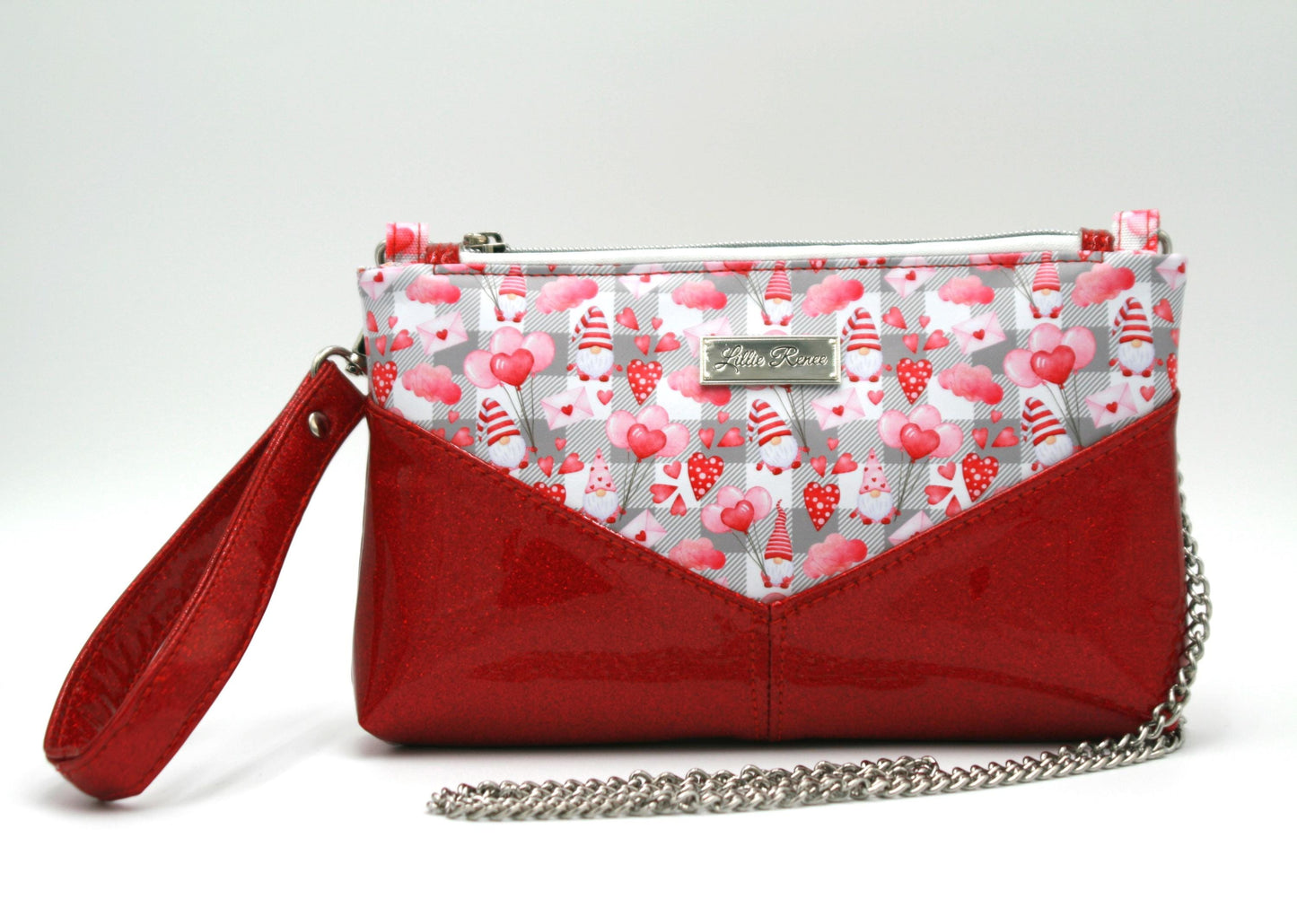 Valentines Day purse, Gnomes bag, pink and red wristlet, gift for her, purse with chain, evening bag, crossbody, Harlequin pouch