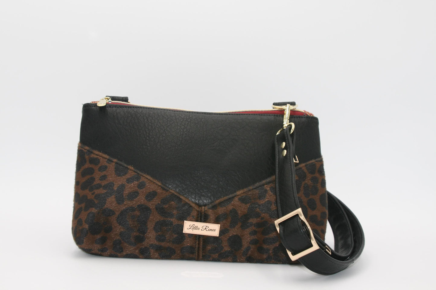 Luxe Leopard Harlequin Crossbody – Brown Faux Fur & Black Faux Leather with Gold Accentsquin pouch.