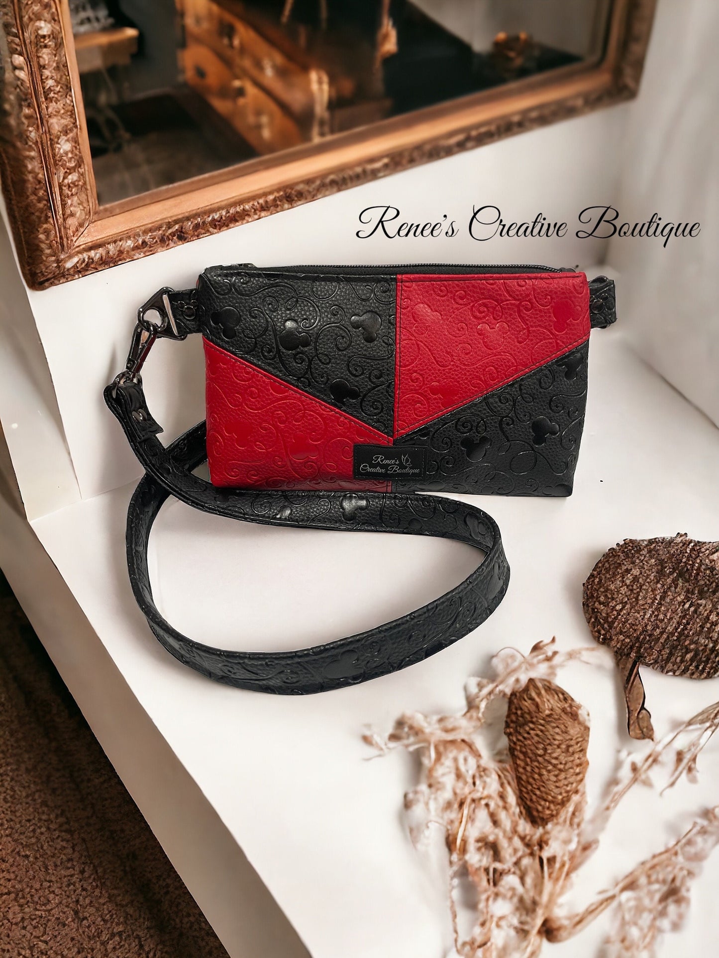 Enchanted Ears Embossed Mini Purse – Red & Black Mickey-Inspired Crossbody Bag with Gunmetal Hardware