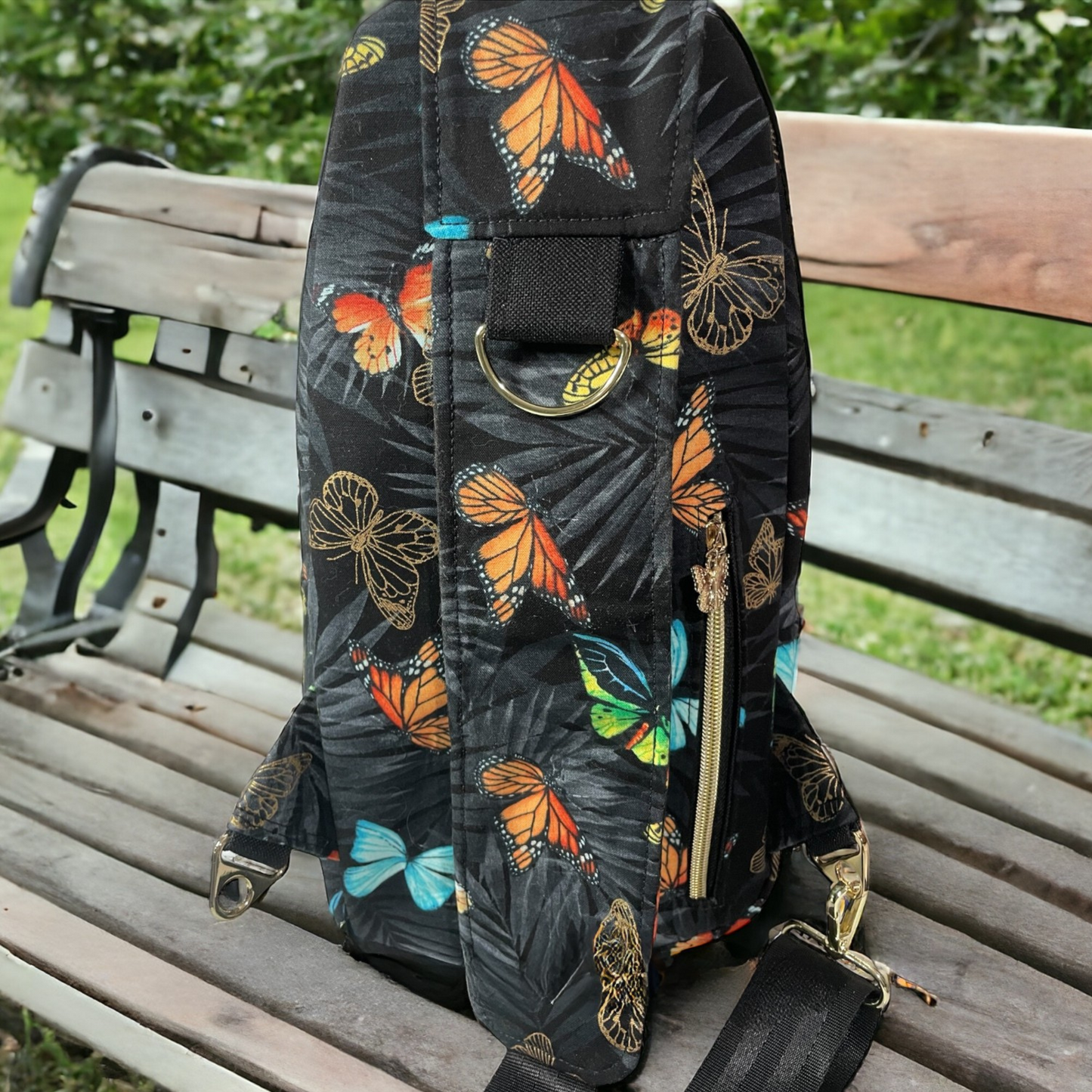 "Handmade Butterfly Sling Bag 
with a D-Ring at the Top for Hanging – Ideal for Travel, Shopping, or Daily Use."
