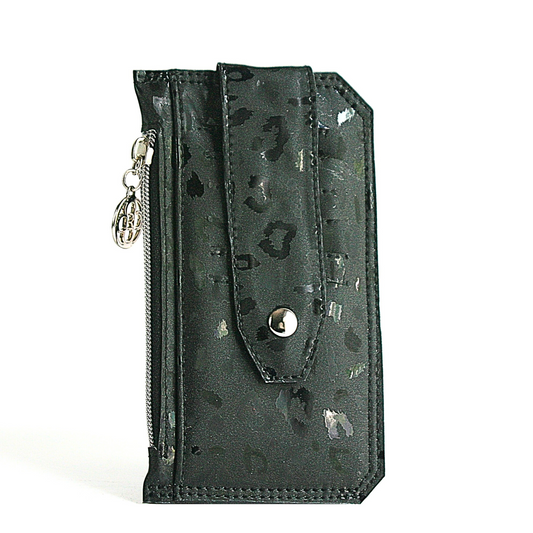 Black Slim wallet made with glossy black leopard print vinyl, featuring six card slots, a cash slip pocket, and a zipper coin pocket"