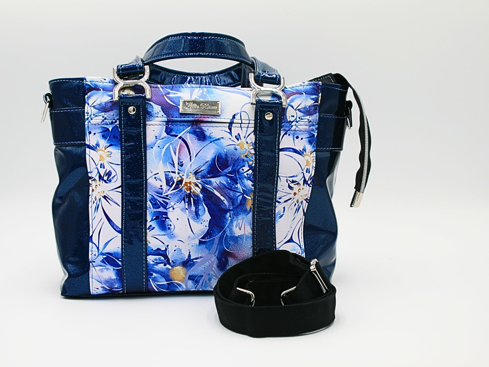  Blue and white floral vinyl and blue glitter vinyl Tote bag two grab handles and a crossbody strap