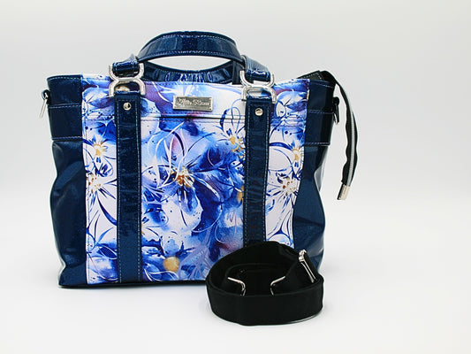  Blue and white floral vinyl and blue glitter vinyl Tote bag two grab handles and a crossbody strap