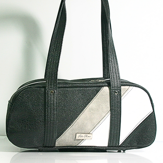 Cassiopeia East West Bag in white, gray and black faux leather with long shoulder straps – handmade tote by Lillie Renee Designs