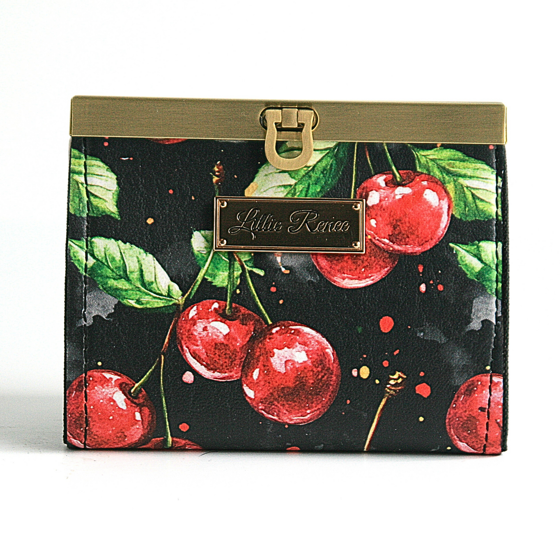 "Cherries Jubilee accordion wallet with cherry vinyl, gold bar clasp. Holds over 10 cards and cash.