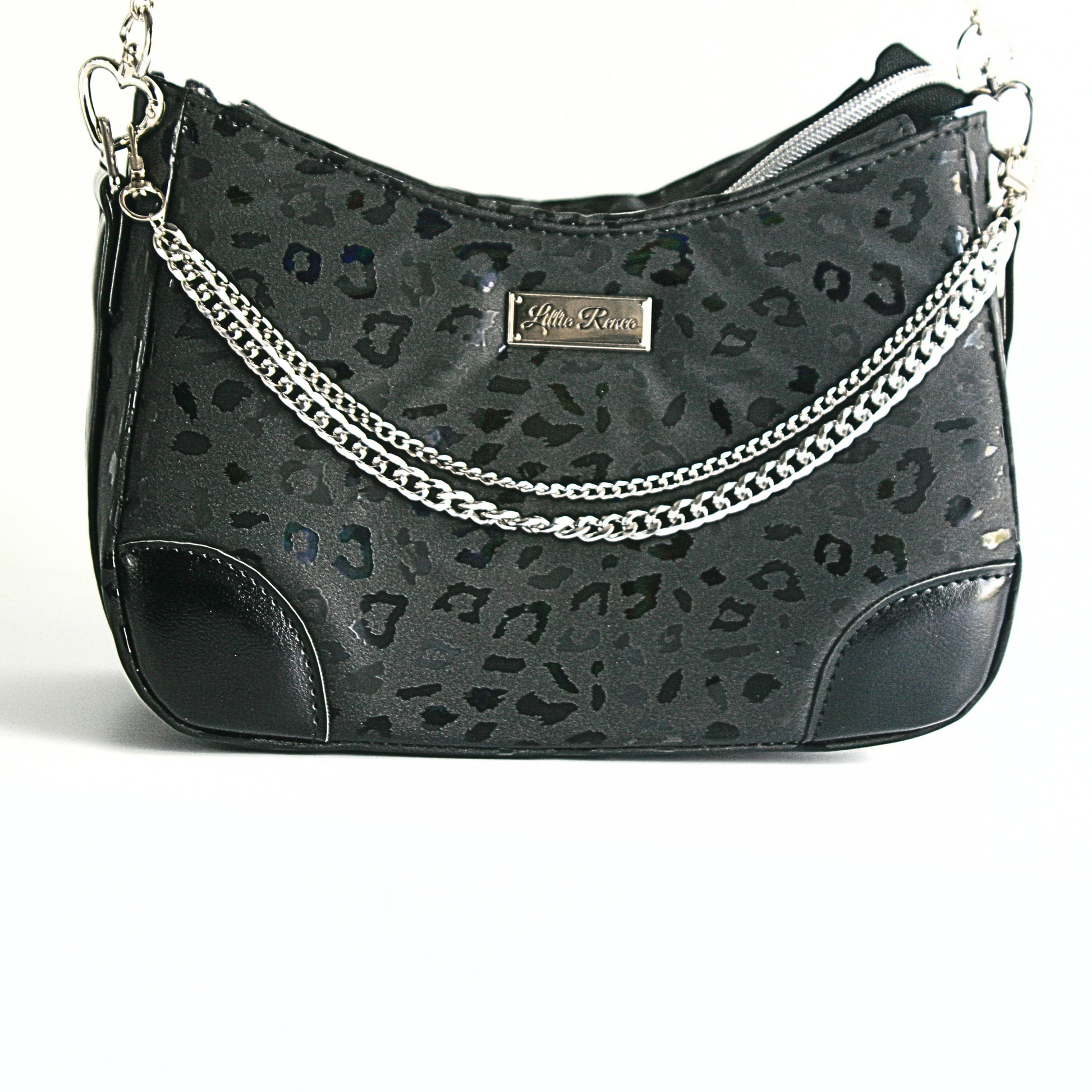 Black leopard purse with decorative silver chain