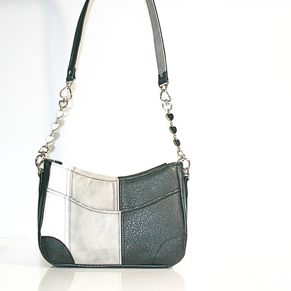 Frosted Obsidian Annabelle – White, Gray & Black Purse with Heart Accents & Chain Detail