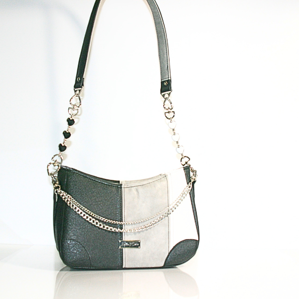 Frosted Obsidian Annabelle – White, Gray & Black Purse with Heart Accents & Chain Detail