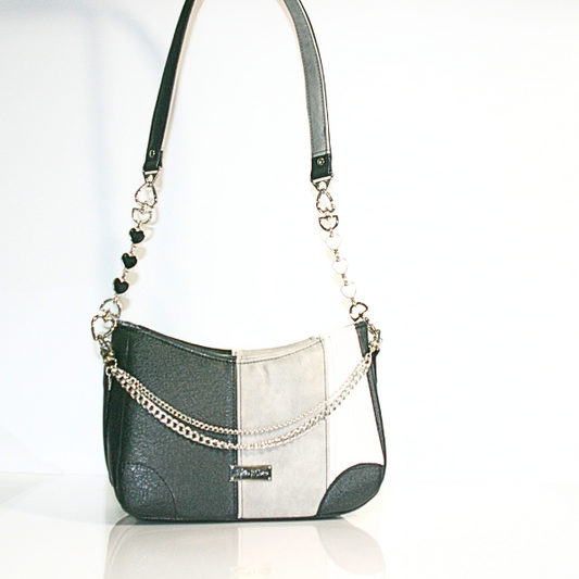 Frosted Obsidian Annabelle – White, Gray & Black Purse with Heart Accents & Chain Detail
