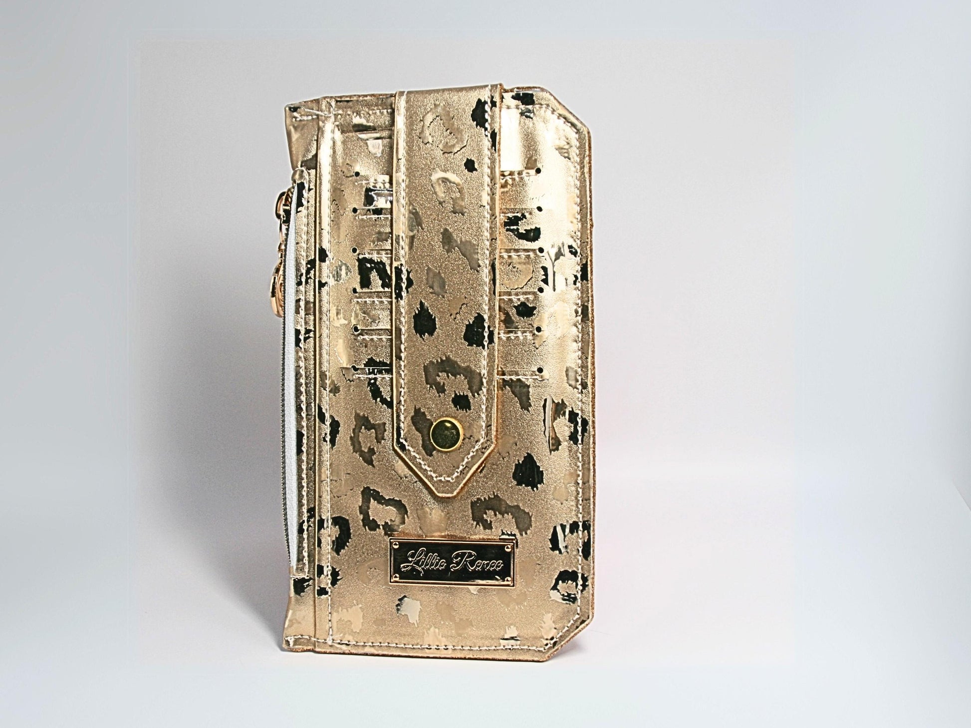Front of gold metallic wallet, slim wallet