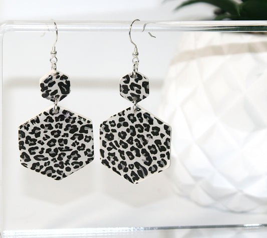 Leopard Hexagon Polymer Clay Earrings – Black, Gray & White with Silver-Plated Stainless Steel Ear Wires