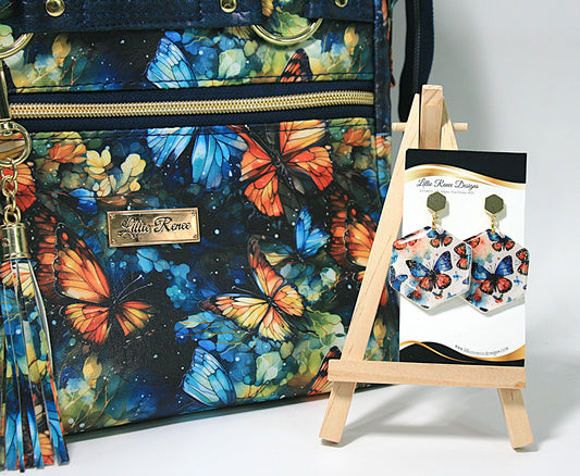 Watercolor Monarch and Blue Butterfly Earrings – Hexagon Polymer Clay Design