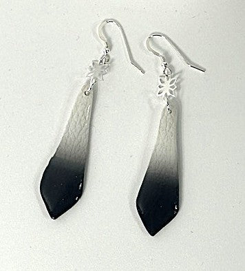 Pair of silver and black gradient earrings on a white background
