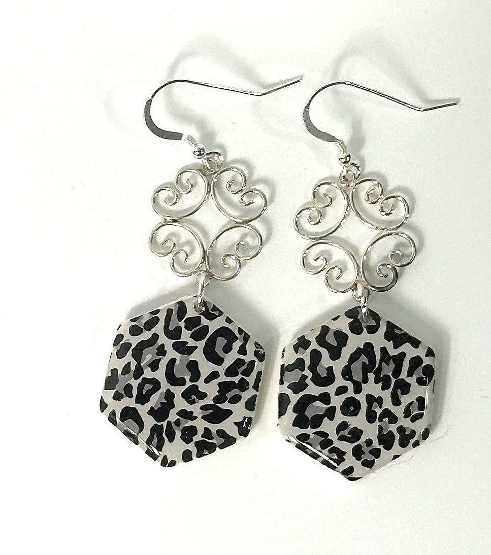 Leopard Print Earring Set – Hexagon & Teardrop Polymer Clay Earrings with Silver Connectors