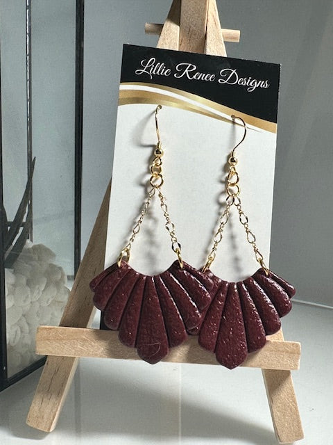 Burgundy Fan Polymer Clay Earrings on Gold Plated Chain
